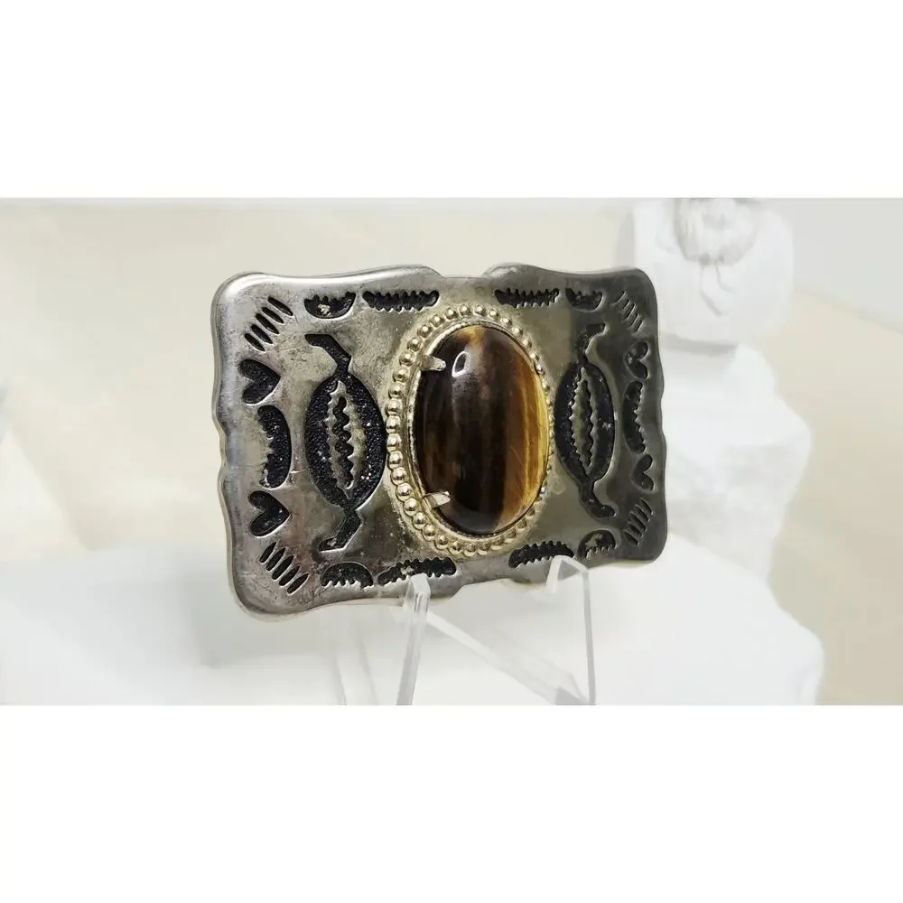 Vintage Southwestern Silver Tone Belt Buckle Genuine Tiger Eye Stone Cabochon